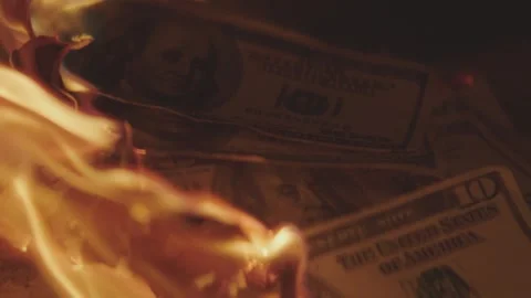 Burning american hundred dollar bills on fire in darkness. Stock Footage 337523360