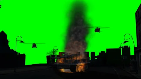 Burning armor and helicopter flying on green screen Stock Footage 35676152