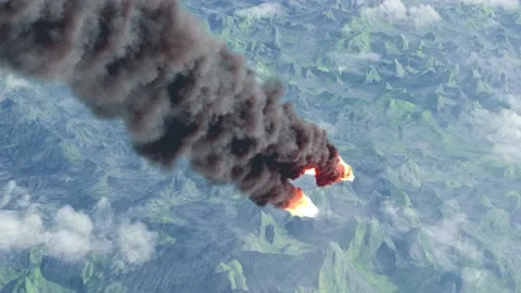 Burning asteroid or rocket above green mountains and clouds Stock Footage 226659281