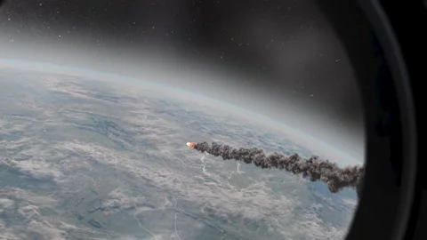 Burning Asteroid over earth atmosphere, shuttle window view Stock Footage 242766018
