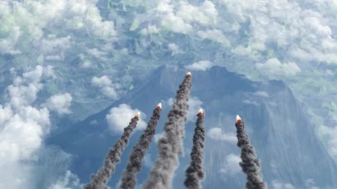 Burning asteroids or rockets above volcano mountain Stock Footage 226660079
