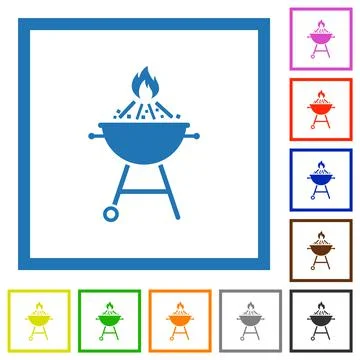 Burning barbecue grill flat framed icons Stock Illustration