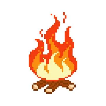 Burning big pixel bonfire. Fire has flared up with pixelated warm atmosphere Illustrazione stock