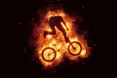 Burning bike bmx biker bikinig fire flames Stock Illustration