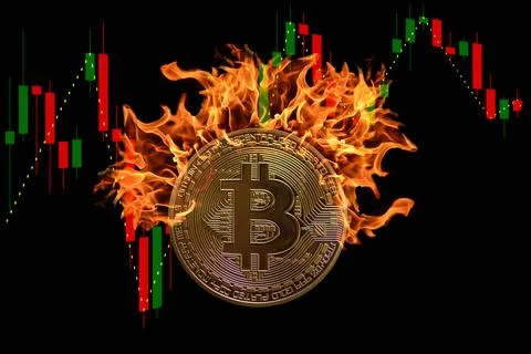 Burning bitcoin with a candlestick chart and black 스톡 사진
