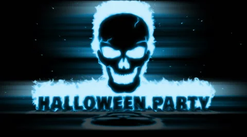 Burning with a blue flame skull and text Halloween Party. Stock Footage 68300548