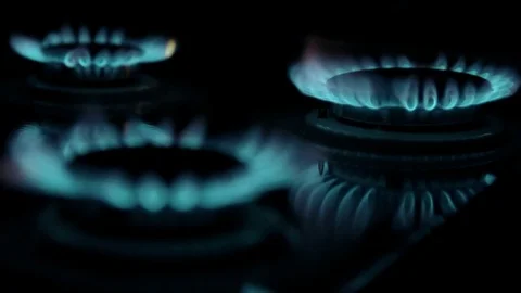 Burning blue gas. Focus on the back edge of the gas burners Stock Footage 73933614