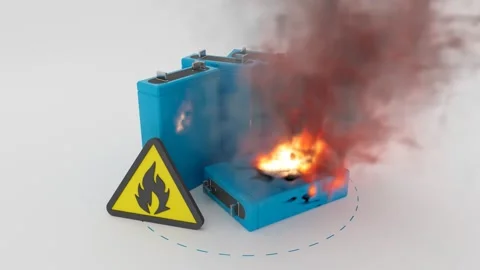 Burning blue lithium battery with fire safety warning Stock Footage 324685361