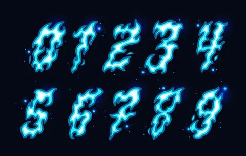 Burning blue numbers. Magic flame font, game ui asset, cold fire symbols, gas Illustrazione stock