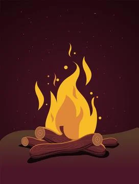 Burning bon fire in night, vector material. Wood and fire, Night Stock Illustration