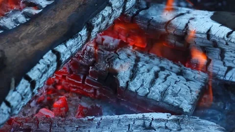 Burning bonfire and coals close-up with flying small sparks, close-up as a Stock Footage 147706796