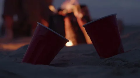 Burning Bonfire And Red Cups At the Beach Stock Footage 219599647