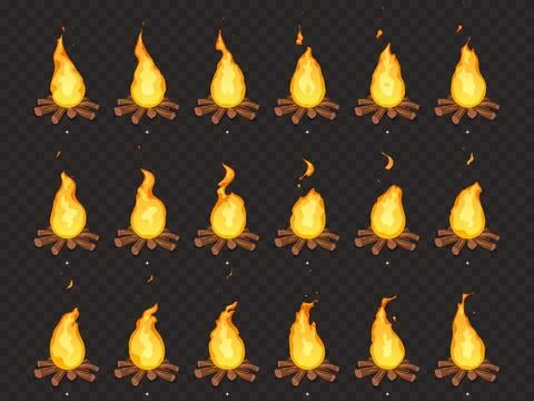 Burning bonfire animation. Hot fire, outdoor campfire and bonfires cartoon .. Stock Illustration