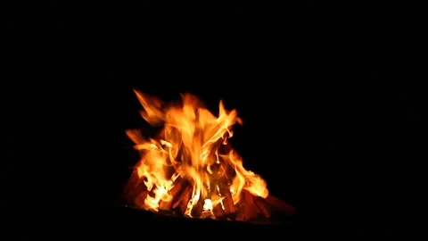 Burning bonfire on a black background with bright erupting sparks. Natural Stock Footage 147310649