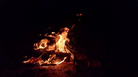 Burning bonfire with bright orange flames at night 스톡 동영상 335478485
