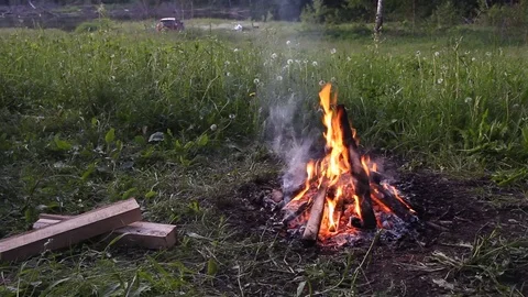 Burning bonfire in the evening in the nature Stock Footage 77753062