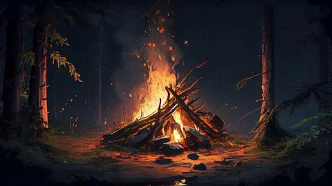 Burning bonfire in the forest at night, digital painting illustration Stock Illustration