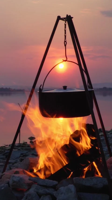 A burning bonfire with a hanging pot at sunset. Romantic outdoor recreation. Stock Footage 267647406