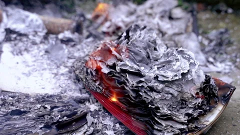 Burning book. Gray ash from paper in smoke and flames on the street. Stock Footage 312382025