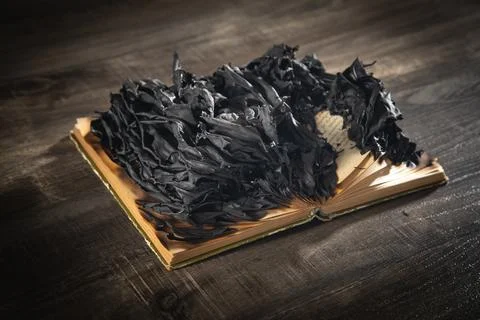 Burning book on the wooden table. Stock Photos