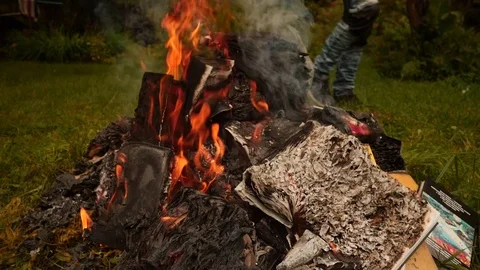 Burning books in a bonfire Stock Footage 79999490