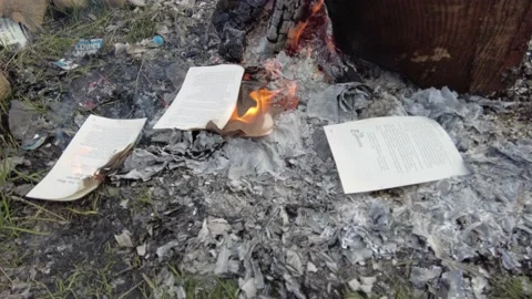 Burning books at the camp fire Stock Footage 167569629
