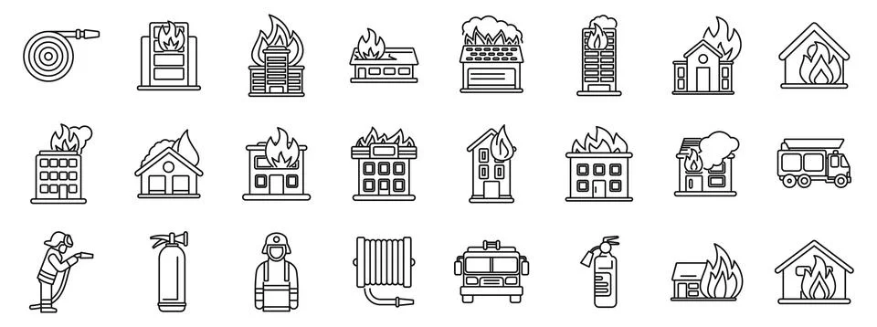 Burning building icons set. Firefighter extinguishing fire with extinguisher Ilustración de archivo
