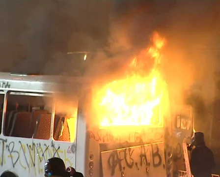 Burning bus Stock Footage 34442891