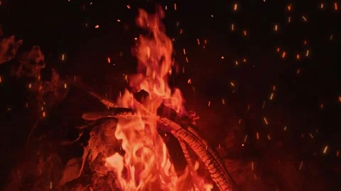Burning campfire with flames and glowing sparks at night setting Stock Footage 327572899