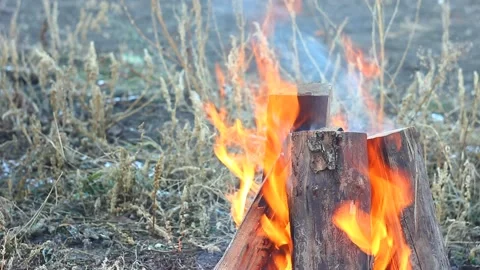 Burning a campfire in the form of a hut made of chopped wood blocks with a Stock Footage 147423936