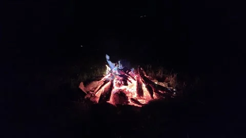Burning Campfire with Hot Embers and Flying Sparks at Night Stock Footage 345682545