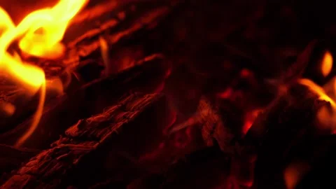 Burning campfire red-hot coals close up. Fire on coals, slow motion Stock Footage 147106685