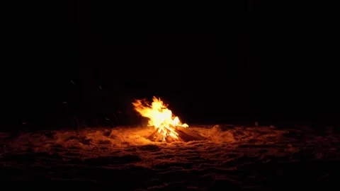 A burning campfire in winter, at night. A bright flame in total darkness. Stock Footage 302284210