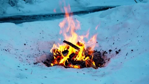 A burning campfire in winter in a snow-covered forest on the riverbank. Video stock 327773922