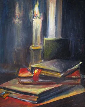 Burning candle and old books, oil painting Stock Illustration