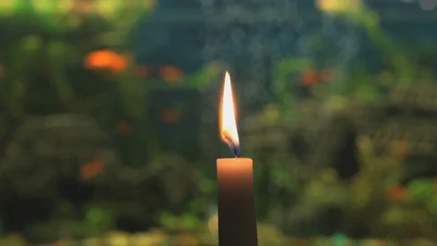 Burning candle on the background of the aquarium Stock Footage 77654572