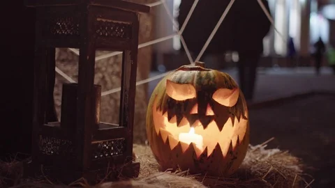 Burning candle on a background of pumpkins with paper bats Stock Footage 115578045