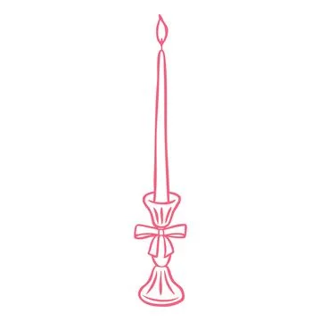 Burning candle on a candlestick vector line art, pink doodle vintage candle Illustration