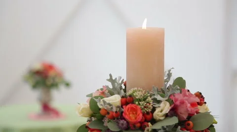 Burning Candle on the Decorated Wedding Candlestick Stock Footage 58507252