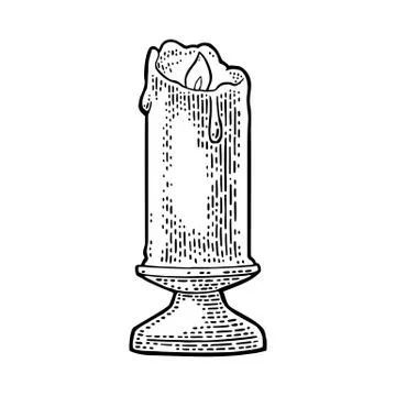 Burning candle with holder and fire flame. Stock Illustration