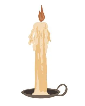 Burning candle in holder, hand drawn flat vector illustration isolated on whi Stock Illustration