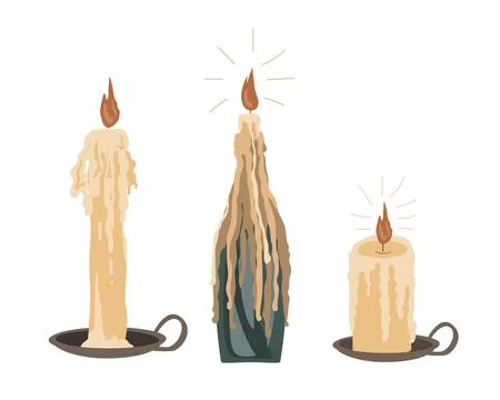 Burning candle in holder set, hand drawn flat vector illustration isolated on Stock Illustration