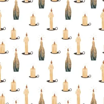 Burning candle in holders seamless pattern, hand drawn vector festive backgro Stockillustratie