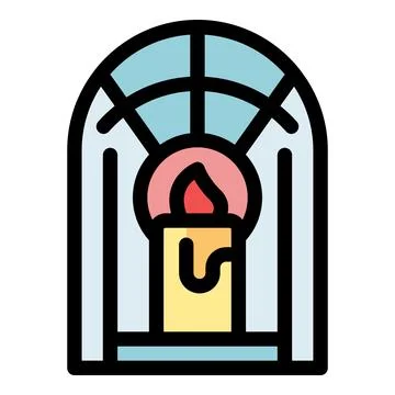 Burning candle lighting up arched window in stained glass style Stock Illustration