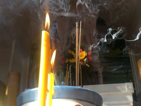 Burning Candles And Incense Praying Buddha - IMG 5275 Stock Footage