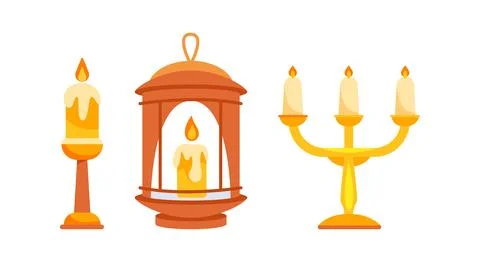 Burning candles on candlestick, in lantern and candelabrum illuminating dark Stock-Illustration