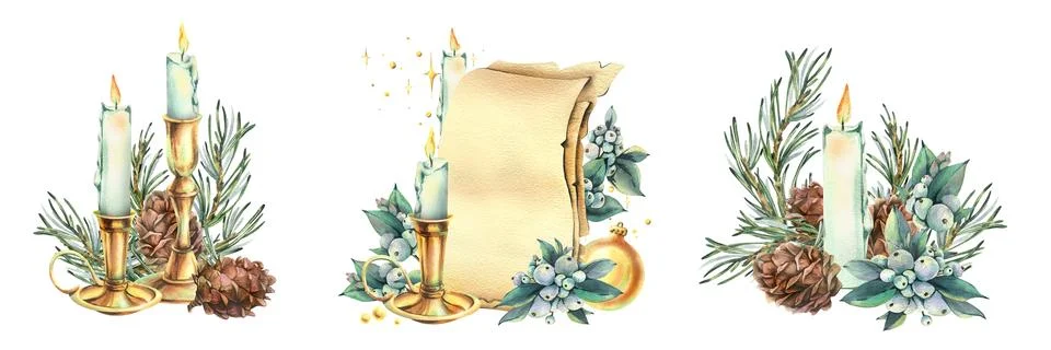 Burning candles in candlesticks with pine branches, pine cones, snowberries, and Stock Illustration