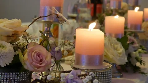 Burning candles on the festive table Stock Footage 92694060