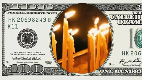 Burning candles in frame of 100 dollar bill Stock Footage 97000015