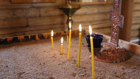 Burning candles. Religious memorial attribute of warmth and sincerity. Full shot Stock Footage 119782093